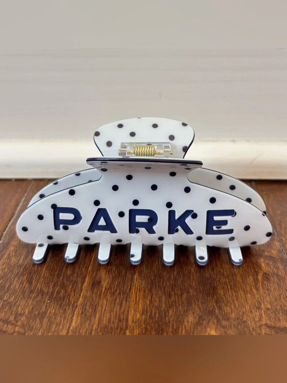 New Parke Claw Clip In White + Denim Polka Dot